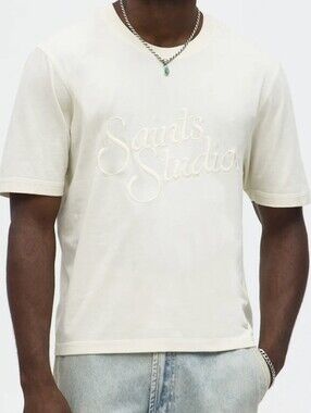 Saints Studio Cream Short Sleeve Logo Embroidery T-Shirt - Men Size M NWT